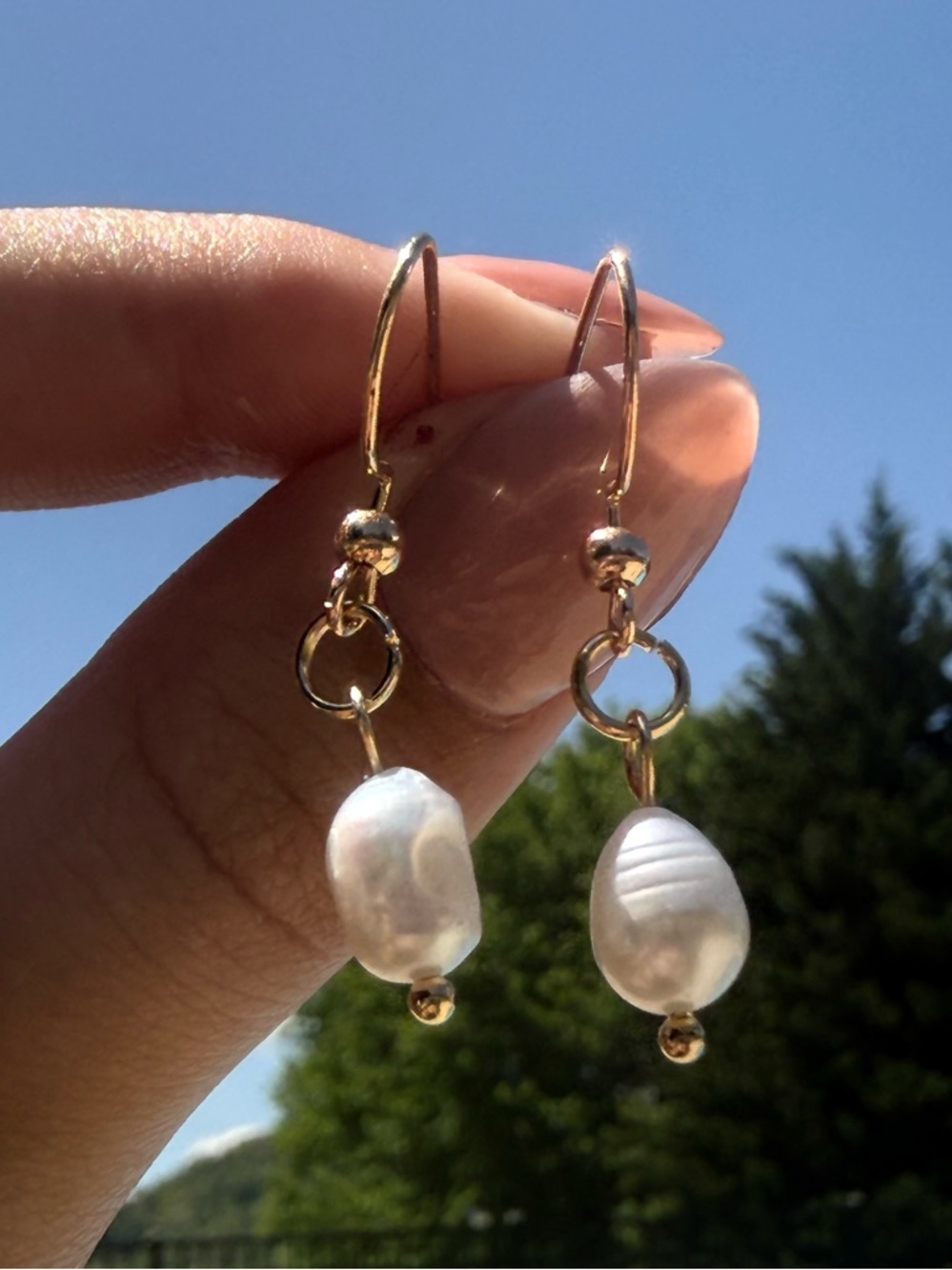 Gold Drop Freshwater Pearl Dangle Earrings - Elegant Real White Pearls